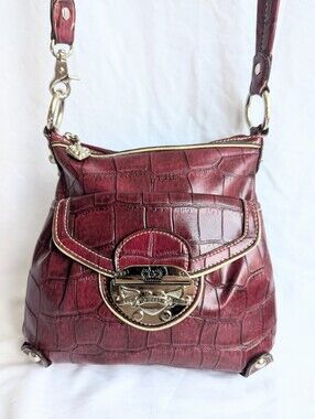 Kathy Van Zeeland Croc Embossed Crossbody Bag Burgundy Statement Purse